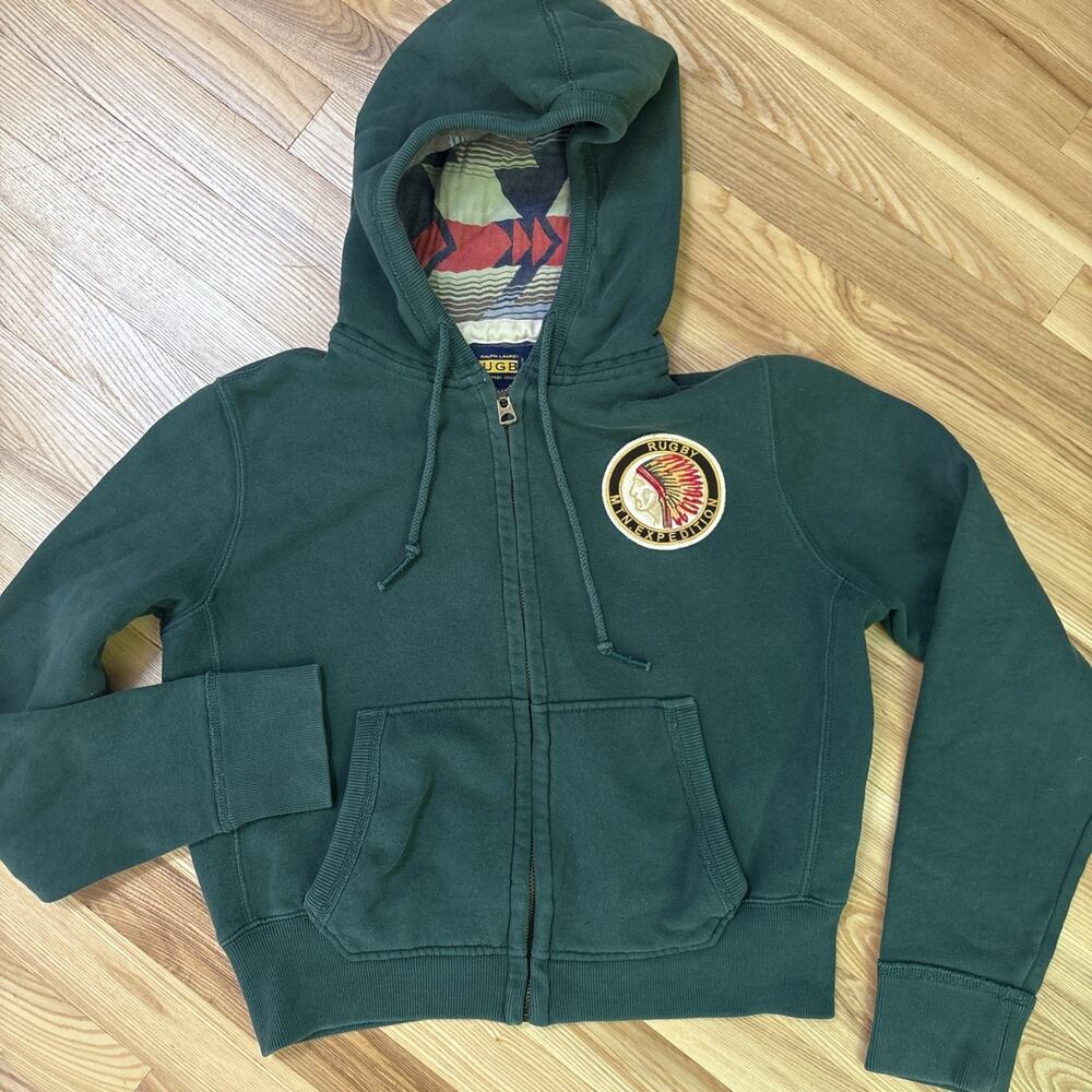 Ralph Lauren Rugby Green Zip Sweatshirt Mtn Expedition Women’s Size L Cropped